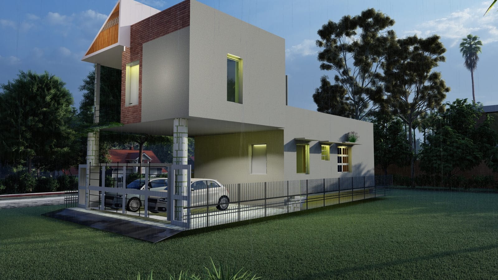 Guest House &mdash; night exterior render, front elevation