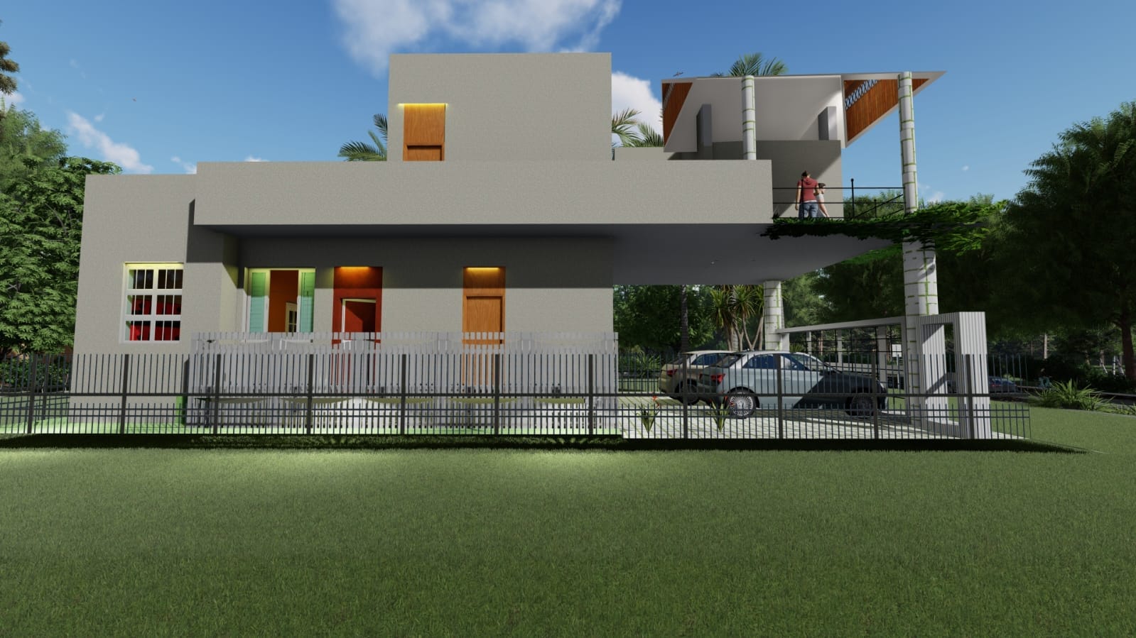 Guest House &mdash; front facade with entrance and gated driveway