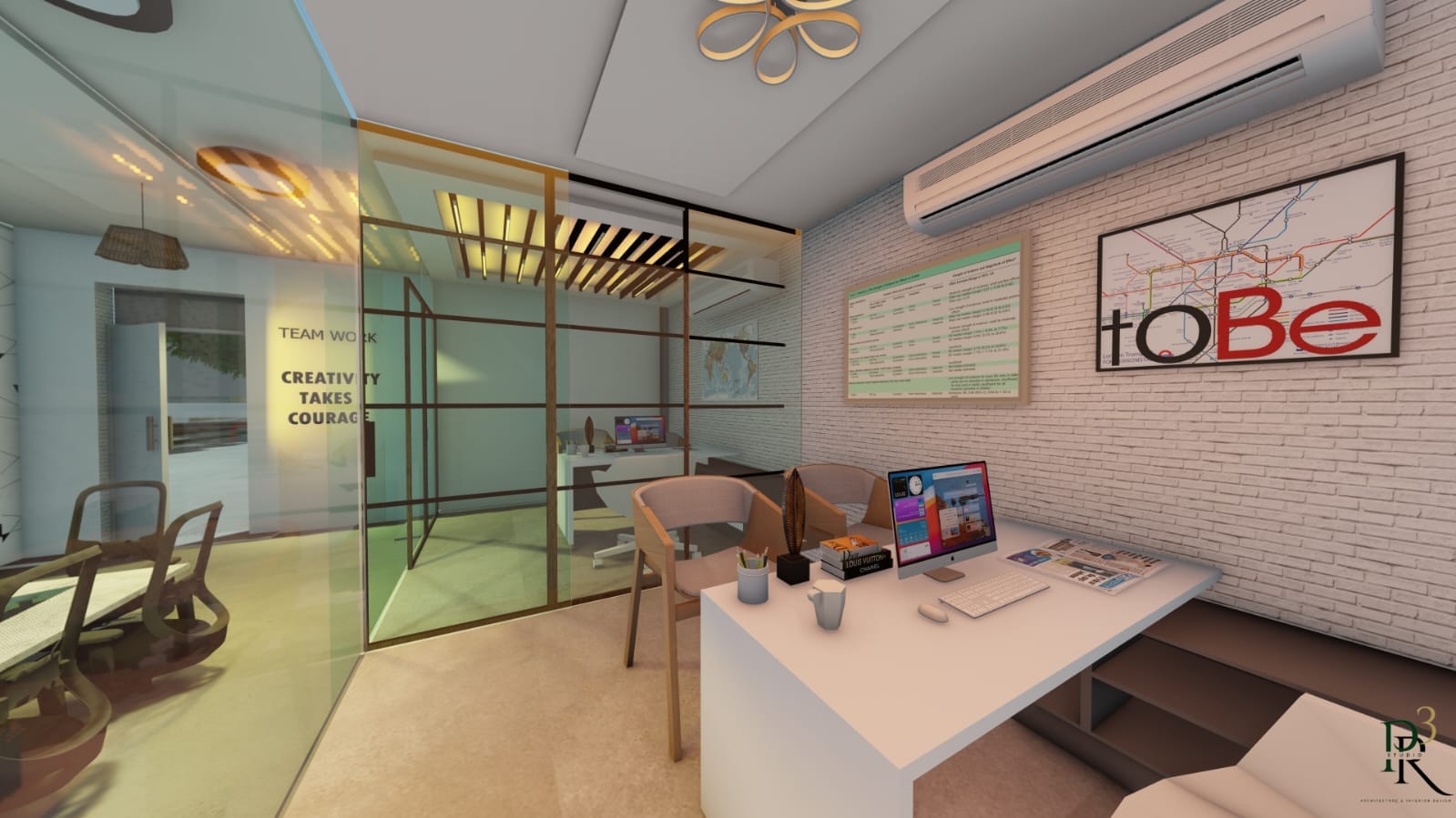 Prakash Office &mdash; workstation with branded feature wall