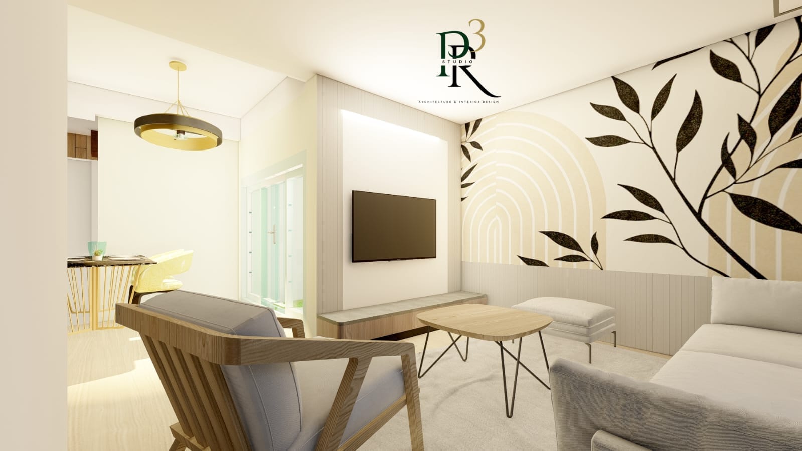 Living room with patterned feature wall, designed by PR3 Studio